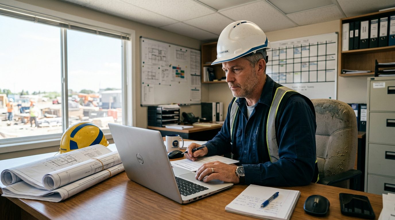 Construction business owner using AI tender drafting software on a laptop at a job site office